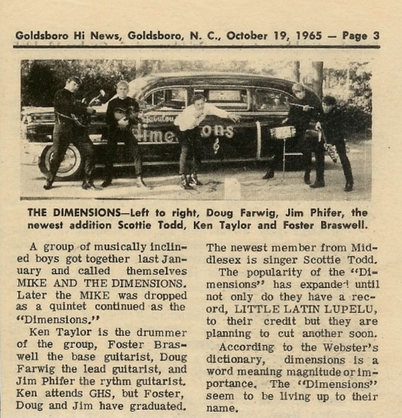 Mike and the Dimensions, Goldsboro Hi News October 1965