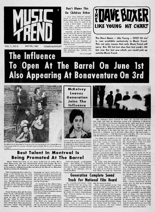 Influence, Music Trend, May 26, 1967. Click for larger version. Scan courtesy of Dave Wynne