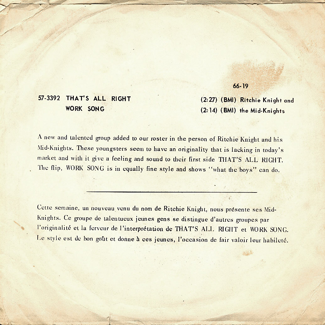 back of sleeve for "That's Alright" / "Work Song"