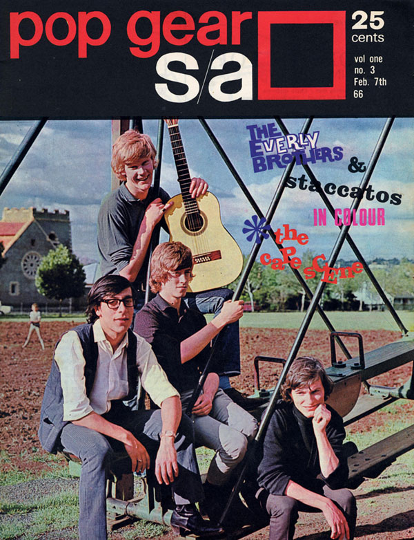 John E. Sharpe & the Squires on the cover of Pop Gear S/A, February 7, 1966. Chris Demetriou is seated at left.