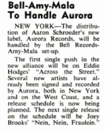 Notice for Aaron Shcroeder's Aurora Records in Billboard, Feb. 6, 1965
