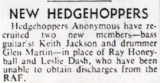 Keith Jackson and Glen Martin replace Ray Honeyball and Leslie Dash New Musical Express, December 17, 1965