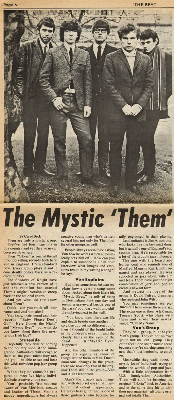 From KRLA's Beat, April 30, 1966. From left to right: Ray Elliott, John Wilson, Jim Armstrong, Van Morrison and Alan Henderson