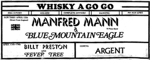 with Manfred Mann at the Whisky a Go Go, April, 1970