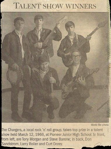 Early lineup of the Chargers, March 1966 L-R, standing: Don Sandstrom, Larry Roller and Curt Dorey; kneeling Tony Morgan and Steve Barone