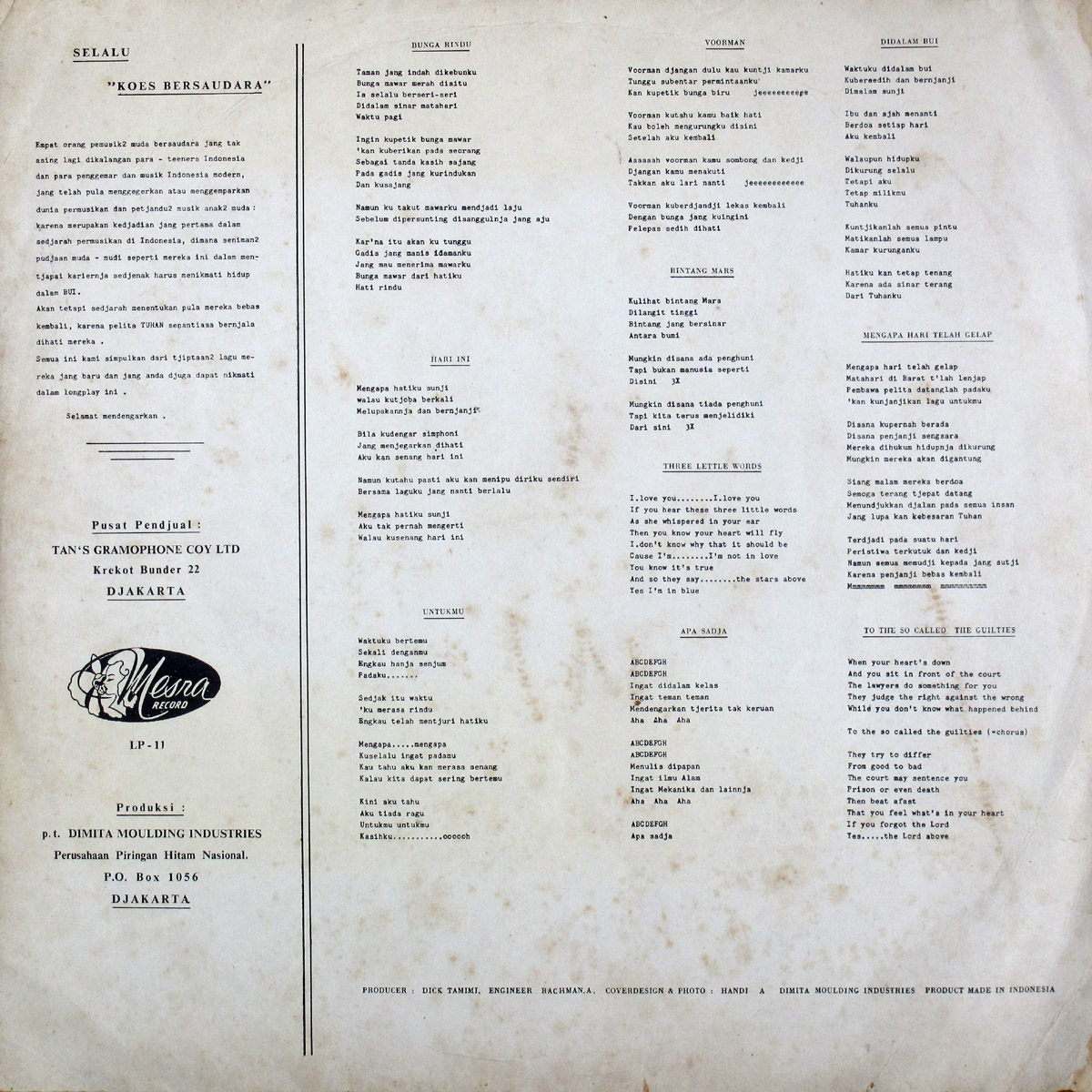 Koes Bersaudara Mesra LP back, Producer Dick Tamimi, Engineer Rachman A.