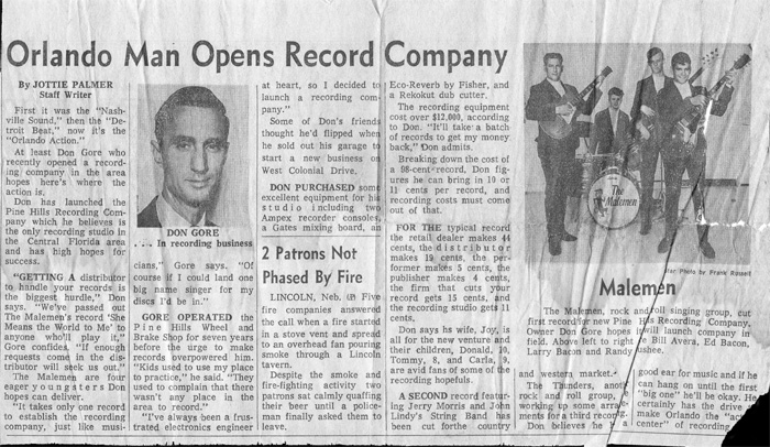 Profile of Pine HIlls Recording Company's Don Gore and the Malemen, Orlando Evening-Star