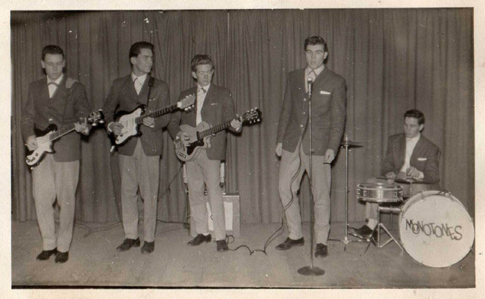 Earliest photo of the Monotones at St Cedds Church gig early in 1960 From left: Pete Stanley, Brian Alexander, Ian Middlemiss, Nigel Basham, and Barry Davis