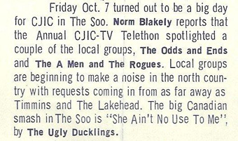 CJIC-TV Telethon notice with local Soo groups the Odds and Ends, the A Men and The Rogues.