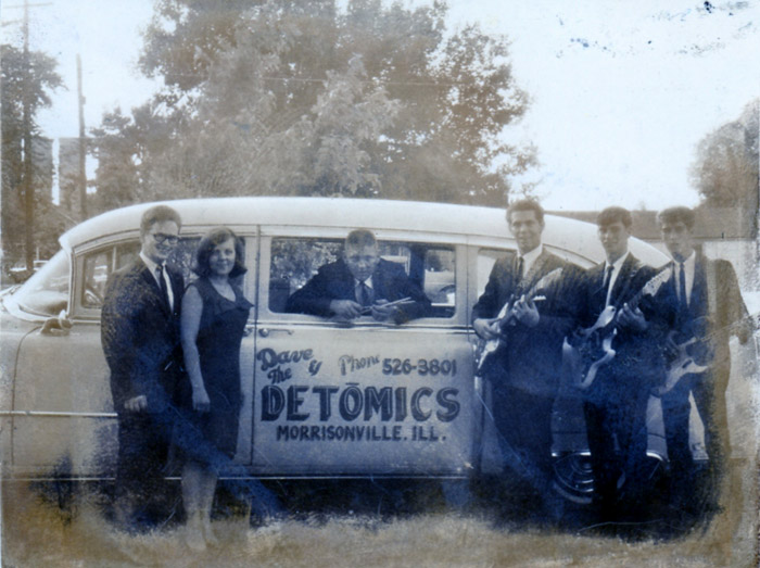 Dave & the Detomics pose in front of their Cadillac Superior, 1966 from left: Vince Slagel, Jeanne Eickhoff, Bill Sheedy, Dave Bethard, Steve Westhoff and Monte McDermith