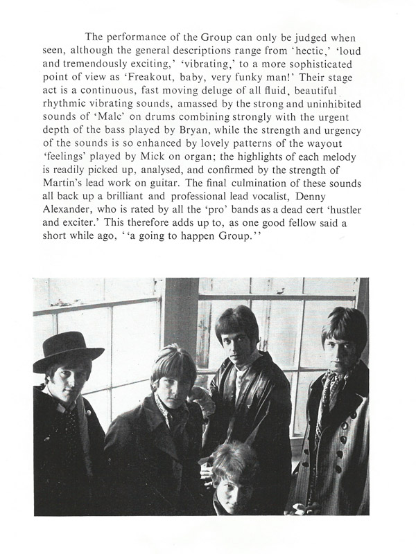 Above, in Isleworth, left to right: Denny Alexander, Malcolm Tomlinson, Martin Barre (sitting), Bryan Stevens and Mick Ketley