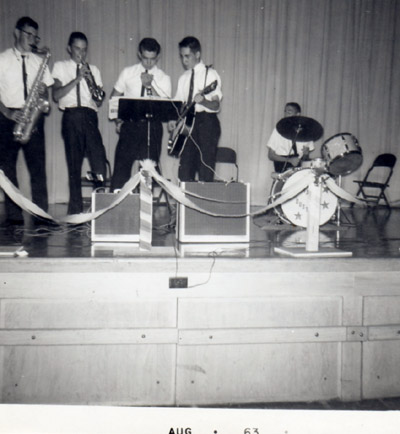 Dave's pre-Detomics band, the Stardusters, Illiopolis, 1963 from left: Joe Hischer (sax), Mark Myers (trumpet), Dave Bethard (vocal and rhythm guitar), Paul Cooler (lead guitar) and Terry Buff (drums)