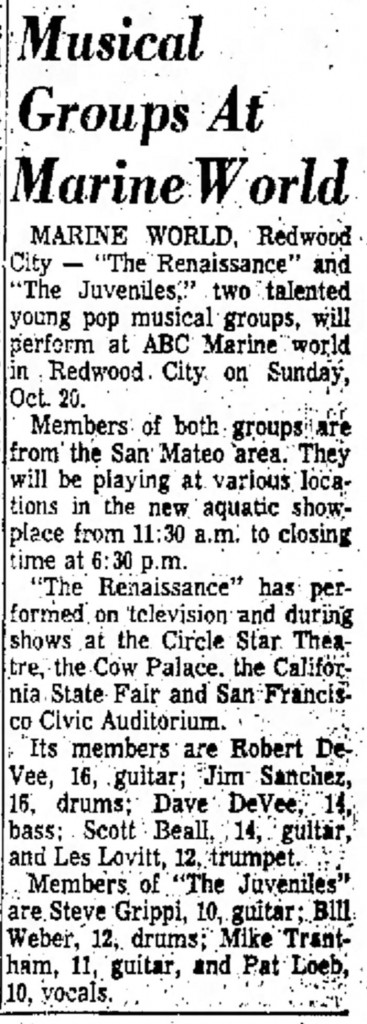 The Juveniles and the Renaissance in the San Mateo Times Oct. 18, 1968