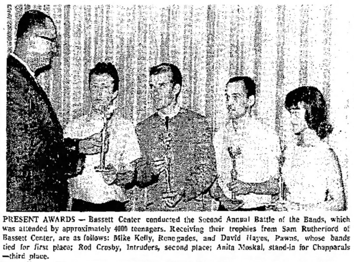 Mike Kelly of the Renegades, David Hayes of the Pawns, Rod Crosby of the Intruders and Anita Moskal for the Chapparals receiving trophies for the Bassett Center 2nd Annual Battle of the Bands, August 1964