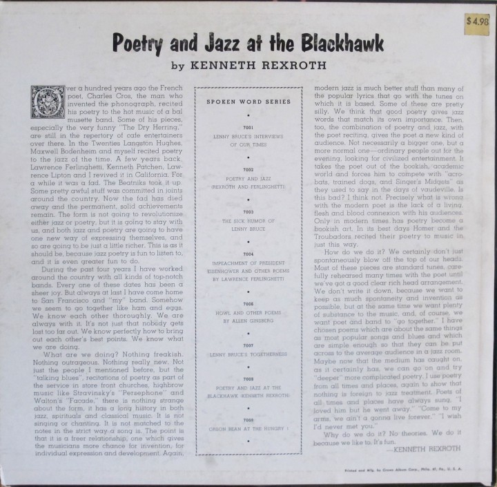 Kenneth Rexroth, Fantasy LP 7008, Poetry and Jazz at the Black Hawk - back cover