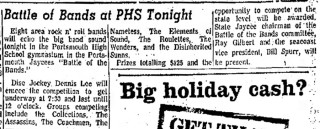Battle of the Bands with the Collections, Assassins, Coachmen, Nameless, Elements of Sound, Roulettes, Wonders, Disinherited Sunns, Portsmouth Herald, December, 1967
