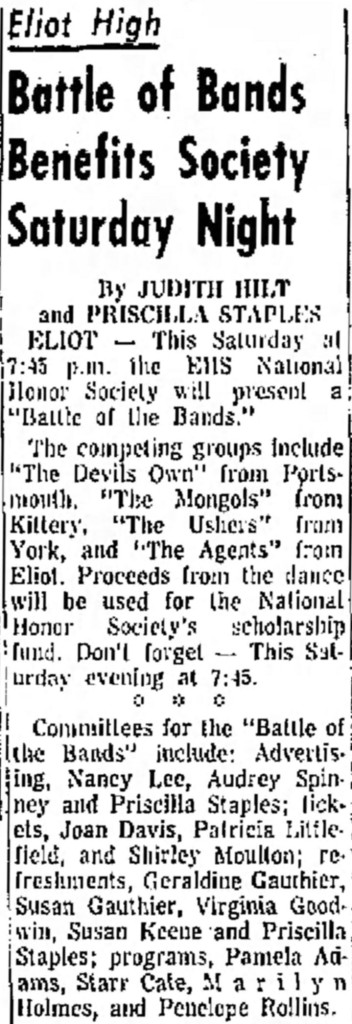 Battle of the Bands with the Devil's Own, the Mongols, the Ushers, the Agents, Portsmouth Herald, Tues. Jan. 18, 1966