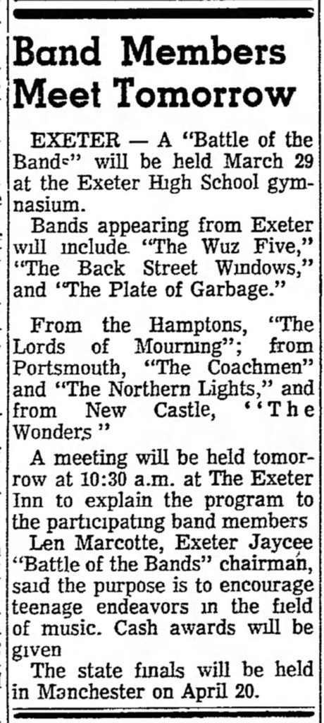 Exeter Battle of Bands Wuz Five, Back Street Windows, Plate of Garbage, Lords of Mourning, Coachmen, Northern Lights, Wonders, March 1968
