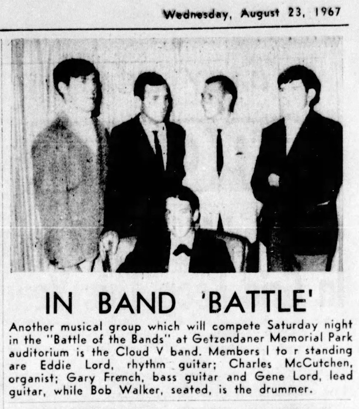 The Cloud V, August 1967, from top left: Eddie Lord, Charles McCutchen, Gary French and Gene Lord, with Bob Walker seated in front