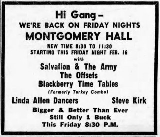 The Blackberry Time Tables (formerly the Turkey Combo) with Salvation and the Army, the Offsets, at Montgomery Hall on Sunday, February 11, 1968