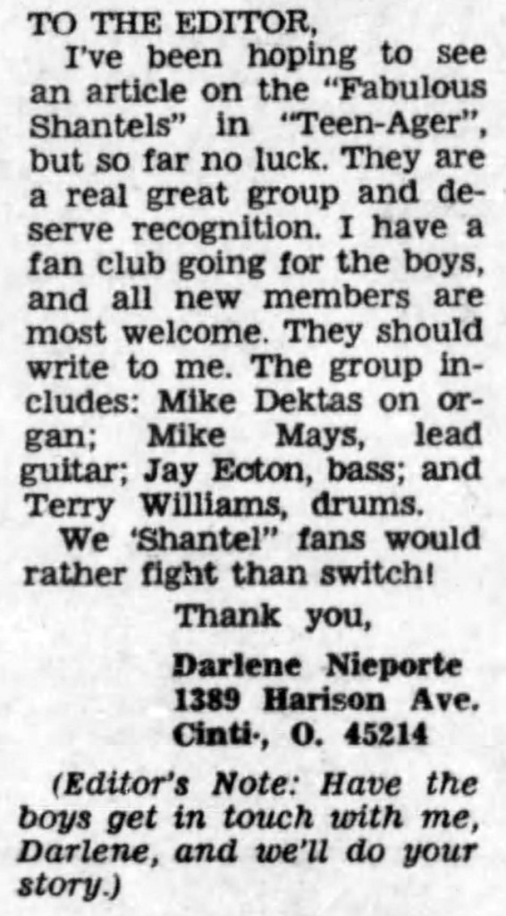 The Shantels fan club letter, September 24, 1966