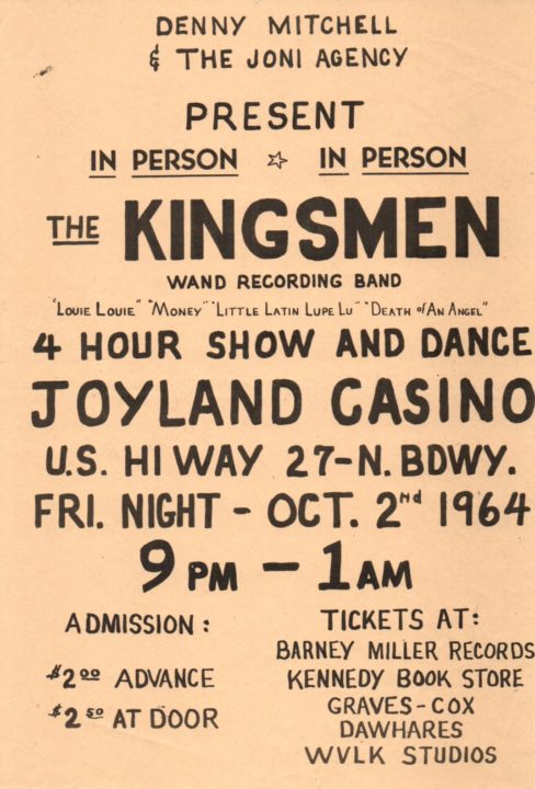 Kingsmen show poster, October 2, 1964 at Joyland Casino, Lexington, Kentucky