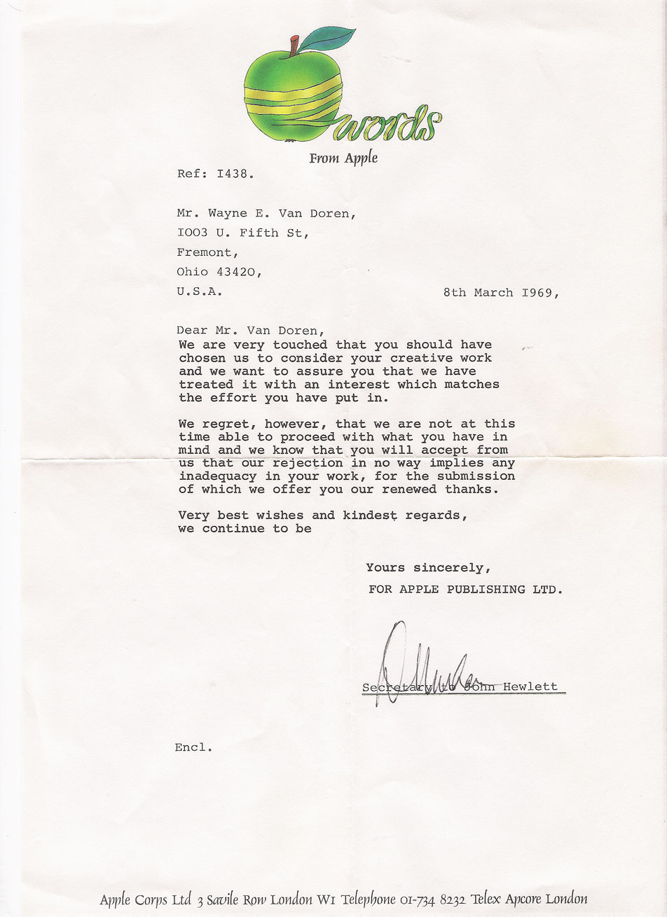 Mail Order's rejection letter from Apple Corps