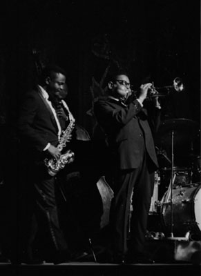 Leo Wright and Dizzy Gillespie at the Apollo, during the week of April 27- May 3, 1962.