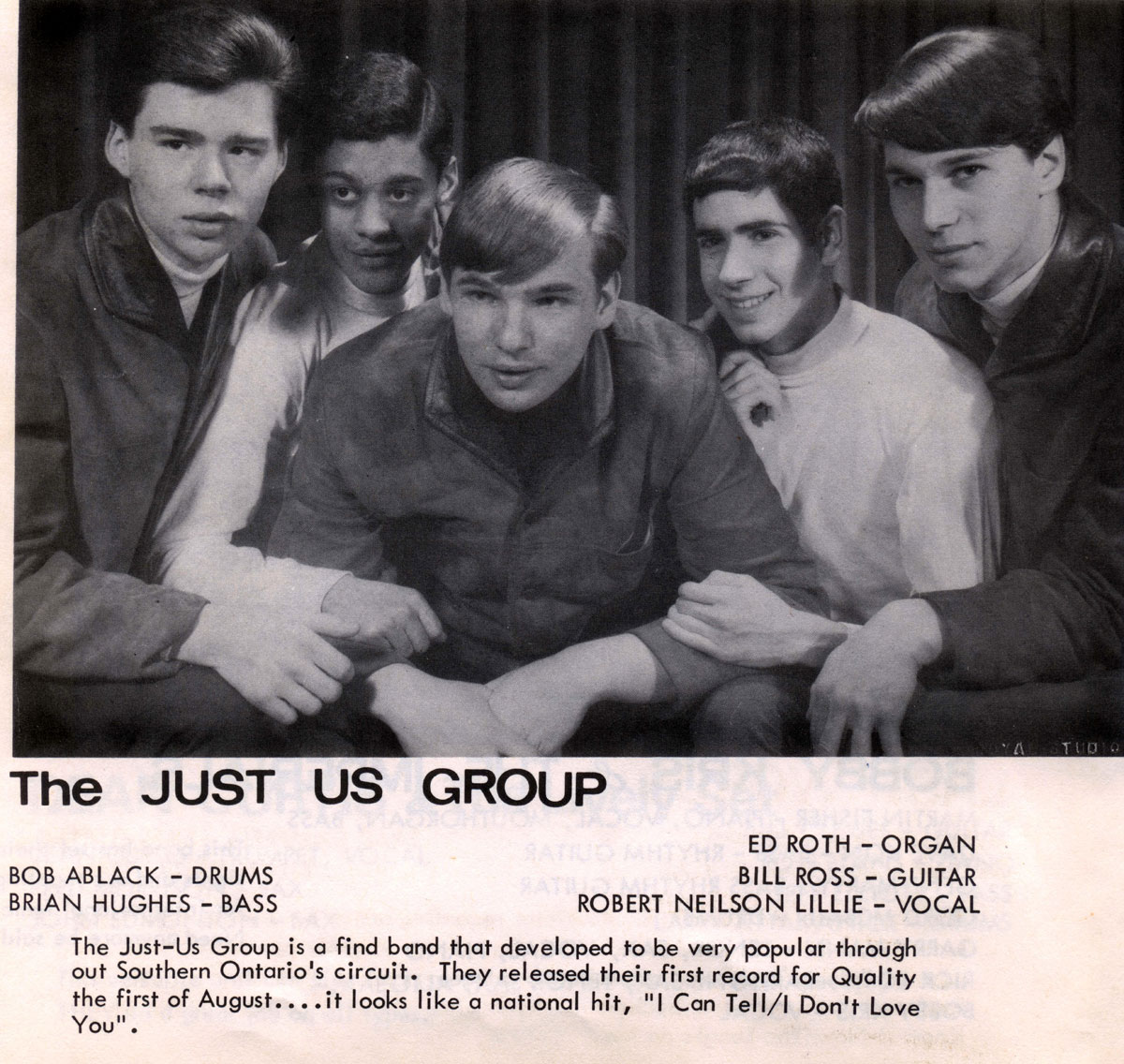 Just Us original lineup, l-r: Brian Hughes, Bob Ablack, Neil Lillie, Ed Roth and Bill Ross