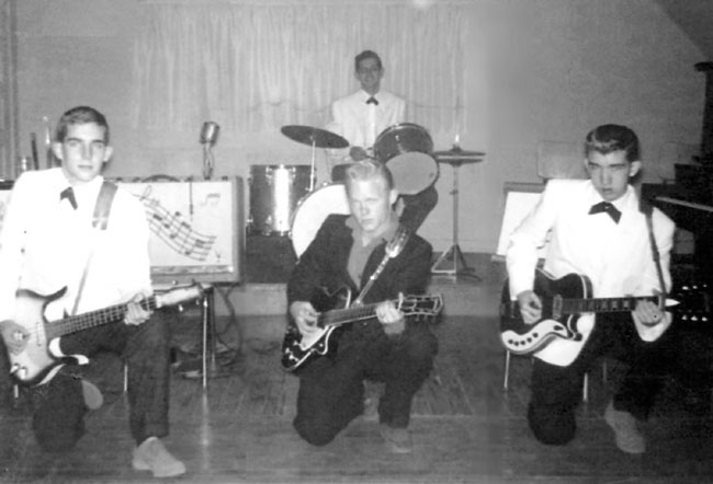 Lonnie Lee and the Big Beats, circa late 1960, from left: Dale Roark (bass), Lonnie Lee Edens (guitar), Jerry Woods (drums), and Archie Barnes (guitar). "I had just turned 17 when this picture was taken. I believe Archie was 14! It was taken at the Starlite club in Bartlesville, Oklahoma." - Dale Roark
