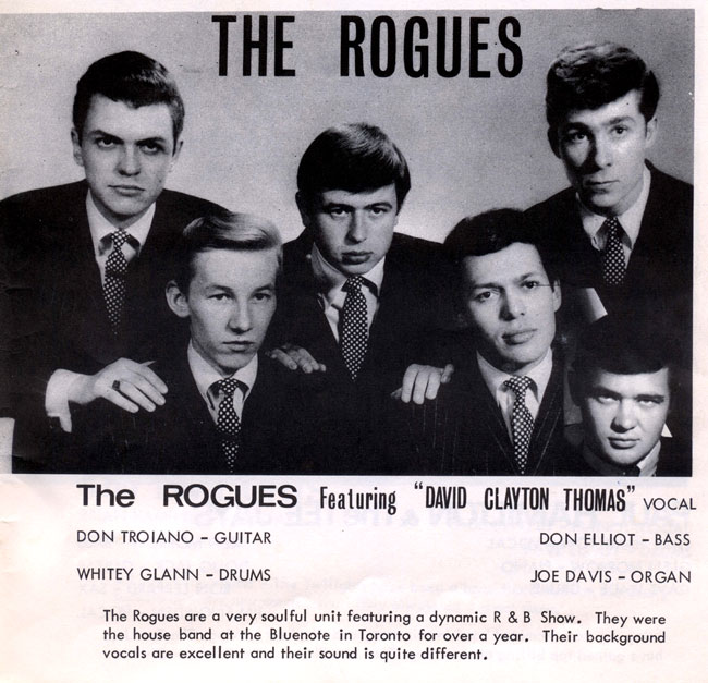 The Rogues, l-r: Don Elliot, Whitey Glan, Joey Davis, Don Troy (Troiano) and George Olliver, and (inset in lower right) David Clayton-Thomas