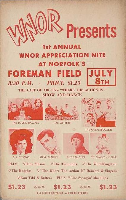 The "Swingin' Machines" opening a WNOR show for acts from Where the Action Is at Norfolk's Foreman Field along with lesser known groups like the Wild Kingdom, the Triumphs, the Knights and Kon Tiki and the Rafters.