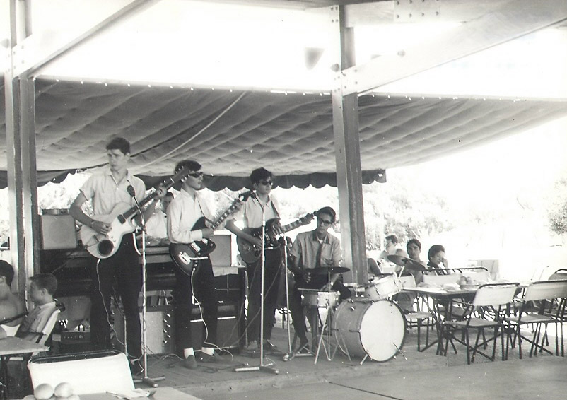 The Auroras (later Zoo) at Asteria Beach, June 1965 -- l to r: Jim Motz (bass), Paul Velletri (rhythm guitar), George Alexander (lead guitar), Johnny Carr (drums).
