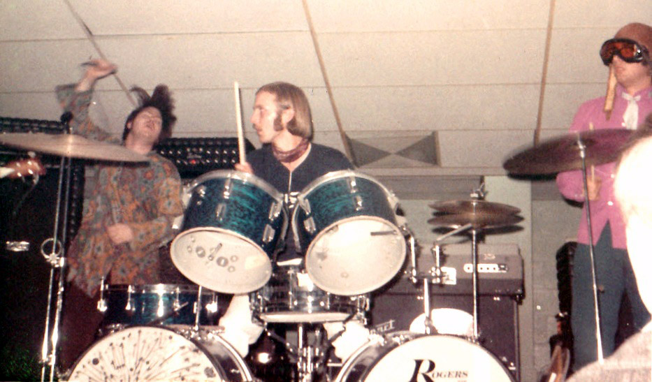 Dust with hair a flyin' at Broadway Skateland, Mesquite, January 4, 1969 - Frank, Gene and Rick We're playing Hendrix's “Manic Depression” because Rick would come out front and play cymbal on it. Not sure why.