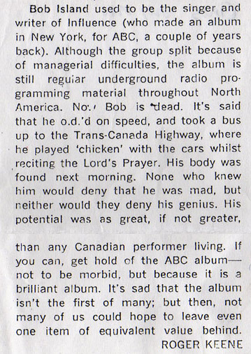 Notice of Bob Island's death