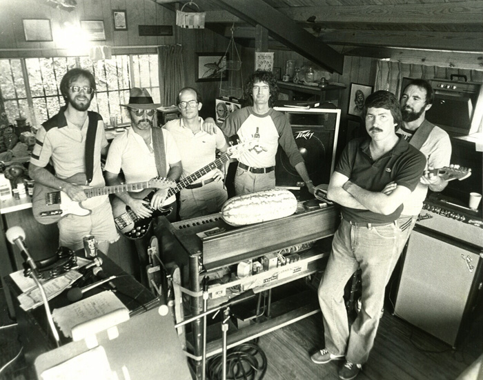 The Cavaliers in 1982 rehearsing for their 15th class reunion from left: Leslie Landrum, Tim Poole, John Burk, Elmo Peeler, Charlie Davis and Spencer Sanders