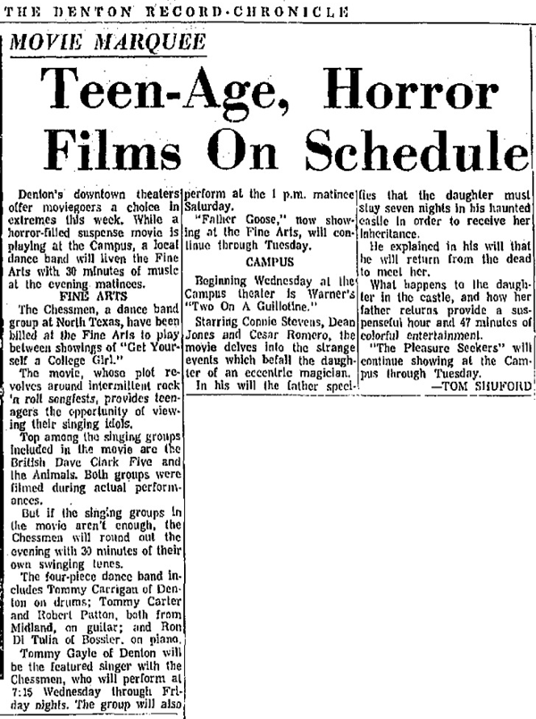 Denton Record-Chronicle, February 7, 1965 Tommy Gayle is listed as featured singer with the Chessmen