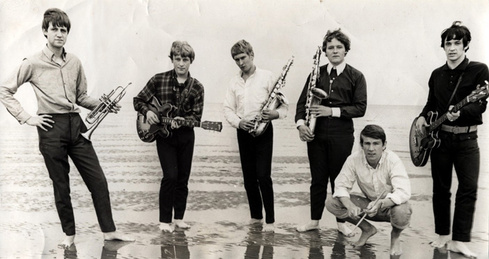The Noblemen, Bognor Regis Beach, summer 1966. Left to right: Mike Ketley, Martin Barre, Jimmy Marsh, Chris Rodger, Malcolm Tomlinson, Bryan Stevens