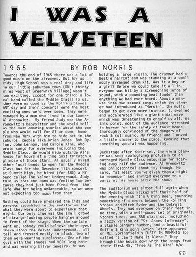 Review of the Summit High concert by Rob Norris<br /> Excerpt from "I Was a Velvetten", reproduced from Kicks #1 with permission