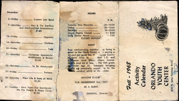 Orlando Youth Center, Fall 1968 schedule, featuring the State of Mind, Ron & the Starfires, the Marshmellow Steamshovel, Plant Life, Magic Circle and more.