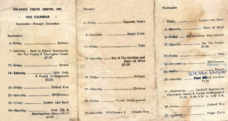 Orlando Youth Center, Fall 1968 schedule From the collection of Rootbound at the Limestone Lounge.