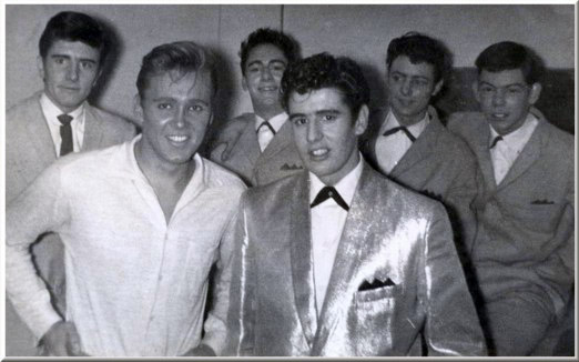 Left to right: Terry Mabey, Billy Fury, Brian Mansell, Mick Wheeler, Ritchie Blackmore and Dave Tippler at Portsmouth Guild Hall, 21 November 1961