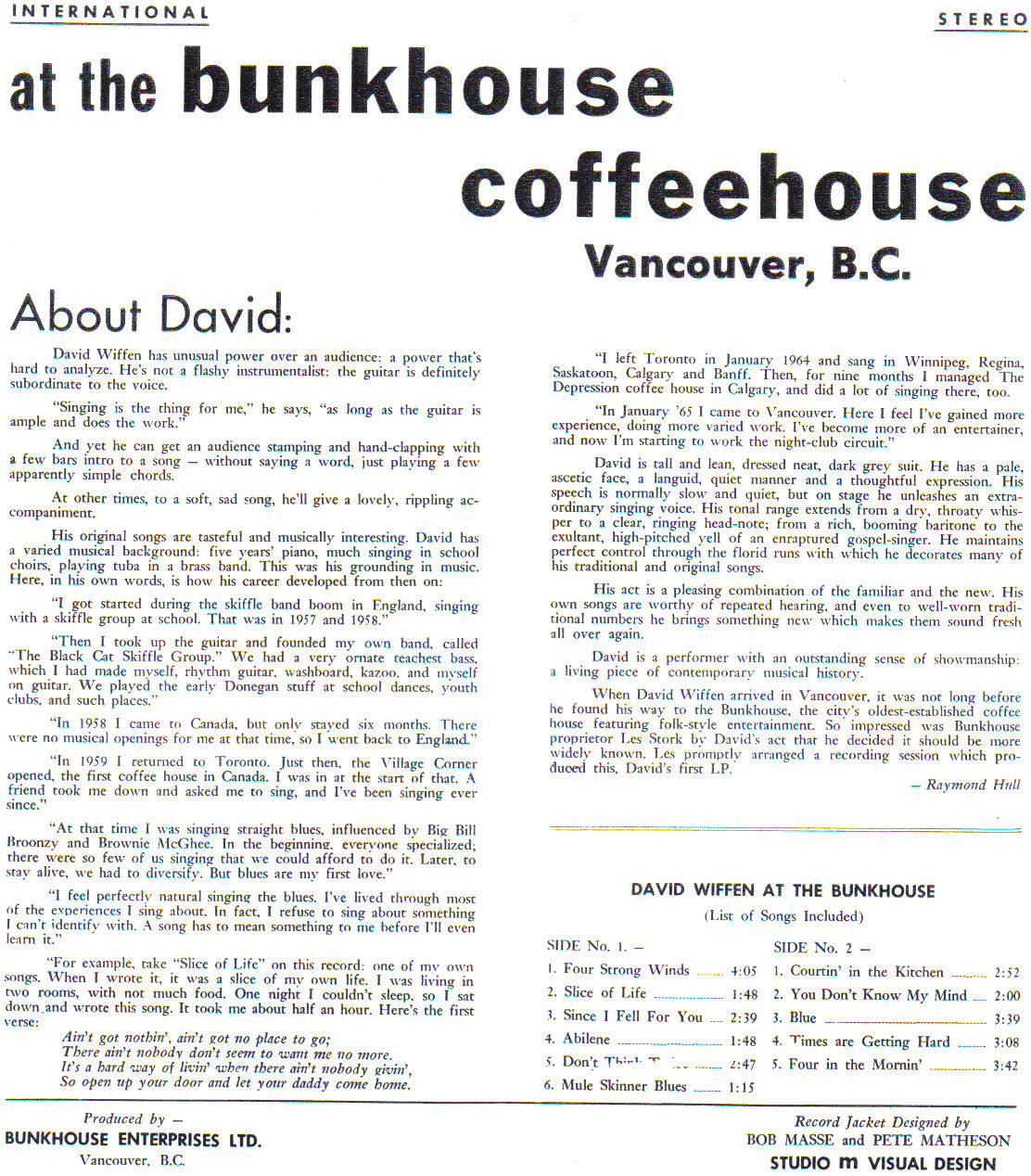 David Wiffen at the Bunkhouse Coffeehouse LP back cover