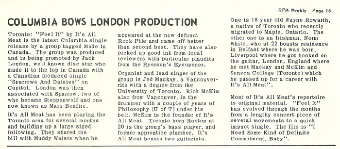 Short article on It's All Meat, RPM, November 23, 1969, mentions positive review from Ryerson's Eyeopener, RPM, August 22, 1970
