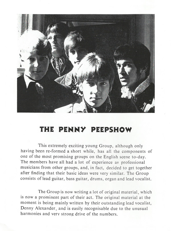 Penny Peepshow program bio with photo in Isleworth - Martin Barre, Mike Ketley, Denny Alexander, Malcolm Tomlinson and Bryan Stevens