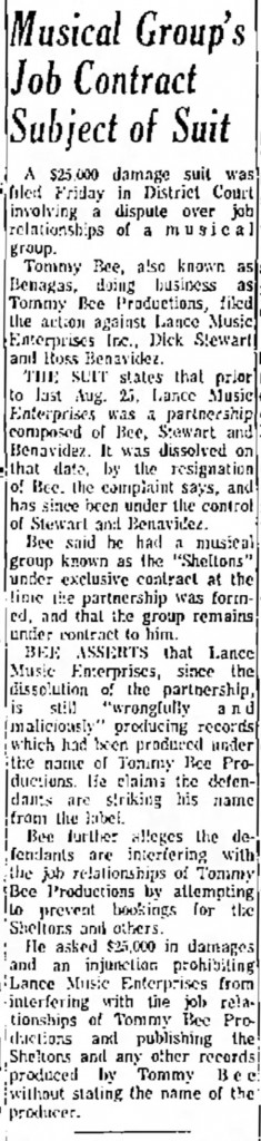 Tommy Bee Lance Albuquerque Journal, January 20, 1968