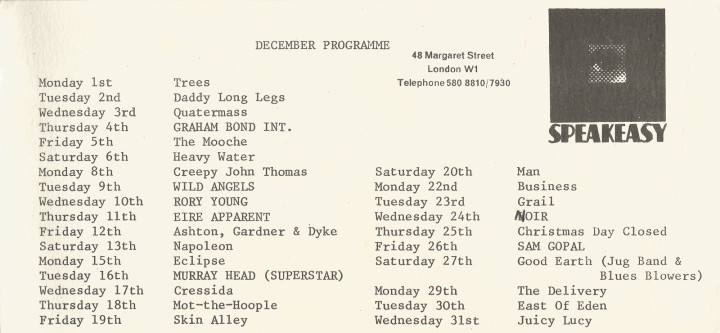 Speakeasy Calendar December 1969