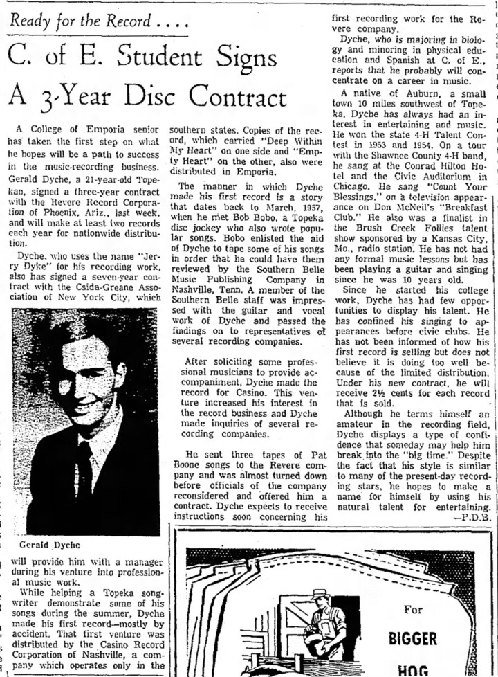 Gerald Dyche (aka Jerry Dyke) in the Emporia Gazette, February, 1958