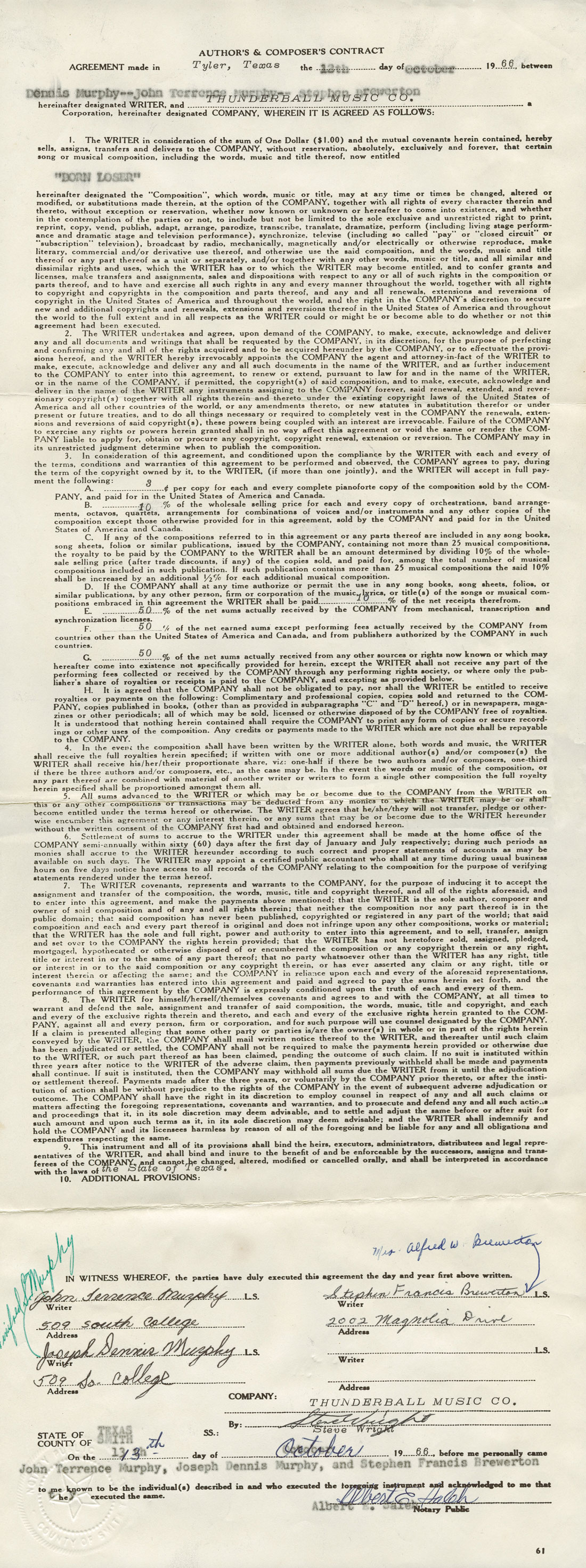 Murphy and the Mob and Thunderball Music contract