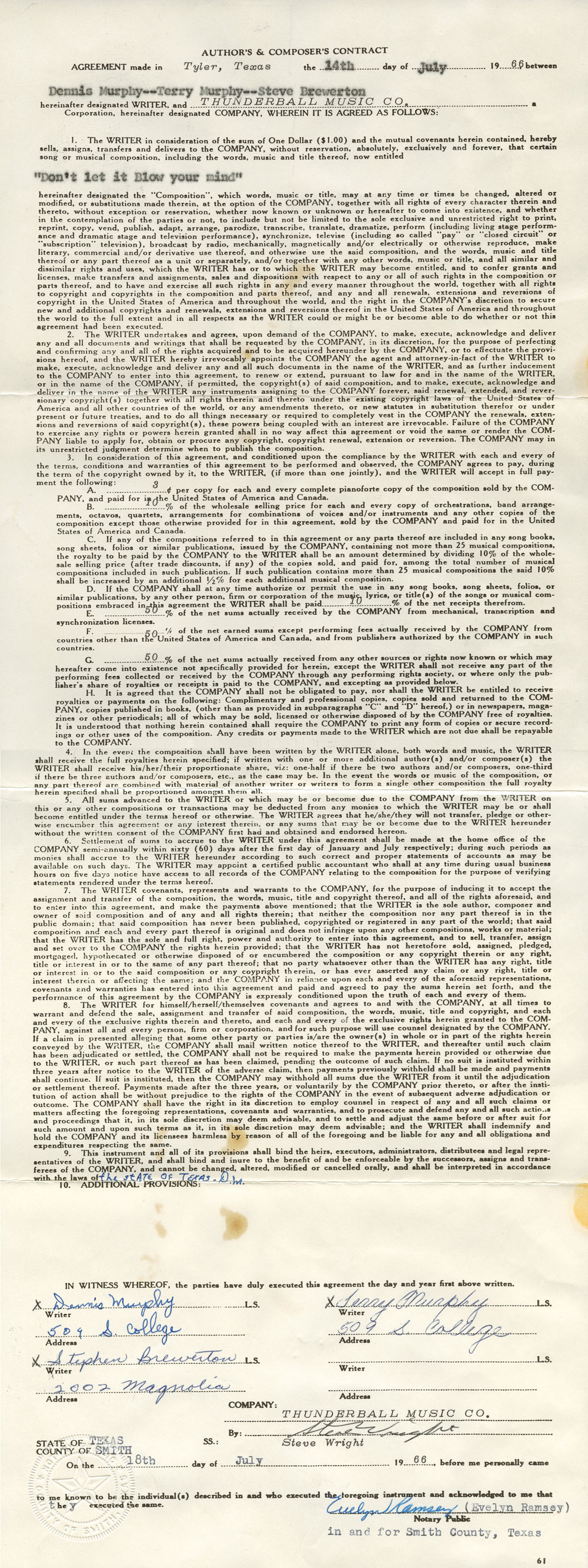 Murphy and the Mob and Thunderball Music contract